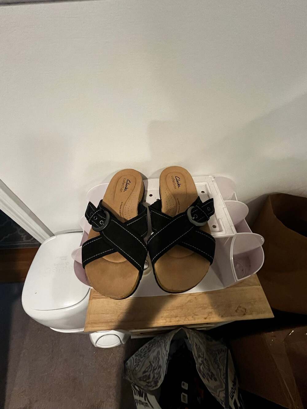 Clark’s suede sandals in black. NWOT.  Size 8 1/2 W